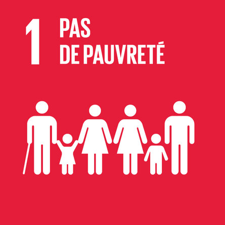 Carré rouge pour l'ODD 1. Pictogramme représentant des adultes et des enfants, avec le titre « 1 Pas de pauvreté ».