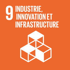 Carré orange pour l'ODD 9. Pictogramme représentant quatre cubes en partie empilés les uns sur les autres, avec le titre « 9 Industrie, innovation et infrastructure ».