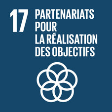 Carré bleu foncé pour l'ODD 17. Pictogramme représentant une rosace composée de cinq cercles, avec le titre « 17 Partenariats pour la réalisation des objectifs ».