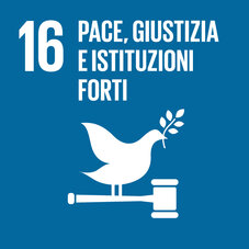 Quadrato blu OSS 16. Titolo all’interno del pittogramma con una colomba della pace su un martelletto da giudice «16 PACE, GIUSTIZIA E ISTITUZIONI FORTI».