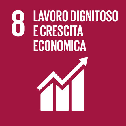 Quadrato rosso vino OSS 8. Titolo all’interno del pittogramma con una freccia di un diagramma in salita «8 LAVORO DIGNITOSO E CRESCITA ECONOMICA».