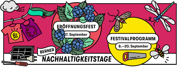 Flyer Berner Nachhaltigkeitstage. Auf pink-rotem Hintergrund sind graphische Elemente verteilt: T-Shirts, Säge, Biene, Beeren, Libelle, Wolke, Schraubenzieher. 