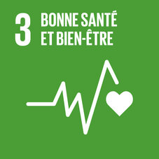 Carré vert pour l'ODD 3. Pictogramme représentant une courbe d'ECG et un cœur, avec le titre « 3 Bonne santé et bien-être ».