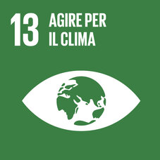 Quadrato verde pino OSS 13. Titolo all’interno del pittogramma con la terra al centro di un occhio «13 AGIRE PER IL CLIMA».