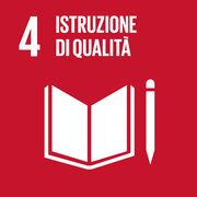 Quadrato rosso rubino OSS 4. Titolo all’interno del pittogramma con un quaderno aperto e una penna «4 ISTRUZIONE DI QUALITÀ».