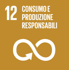 Quadrato ocra OSS 12. Titolo all’interno del pittogramma segno dell’infinito combinato con una freccia per il riciclaggio «12 CONSUMO E PRODUZIONE RESPONSABILI».