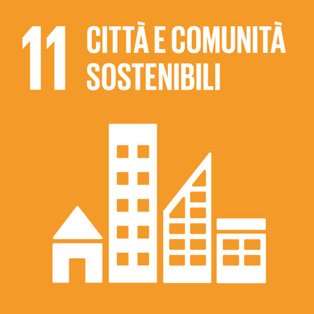 Quadrato arancione chiaro OSS 11. Titolo all’interno del pittogramma con diversi tipi di case «11 CITTÀ E COMUNITÀ SOSTENIBILI».