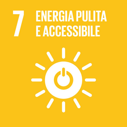 Quadrato giallo OSS 7. Titolo all’interno del pittogramma con un sole e una spia «on/off» «7 ENERGIA PULITA E ACCESSIBILE». 