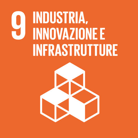 Quadrato arancione OSS 9. Titolo all’interno del pittogramma con quattro cubetti di legno, in parte impilati «9 INDUSTRIA, INNOVAZIONE E INFRASTRUTTURE».